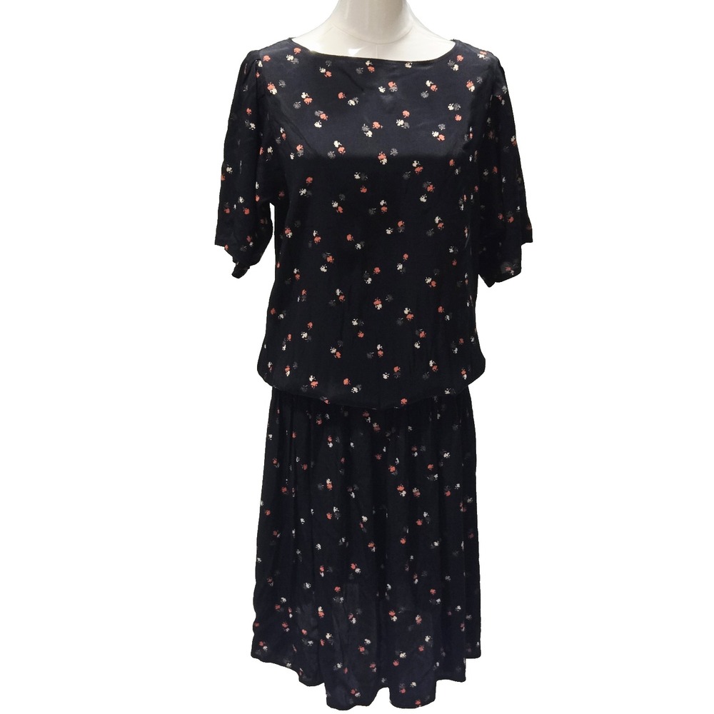 Jackie Bernard Dress Ekliektic Size‎ 6 Vintage Short Sleeve Black Floral Stretch